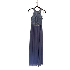 Periwinkle Blue Lace Sequin Halter Maxi Dress Jeweled Waist Formal Gown